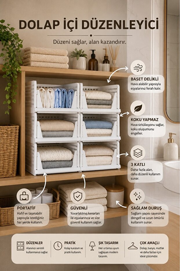 Piev Dolap İçi Kayar Raf Organizer 6’lı Set – İstiflenebilir Kıyafet Düzenleyici, Beyaz