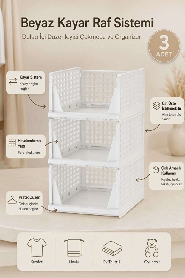 Piev Dolap İçi Kayar Raf Organizer 3’lü Set – Beyaz