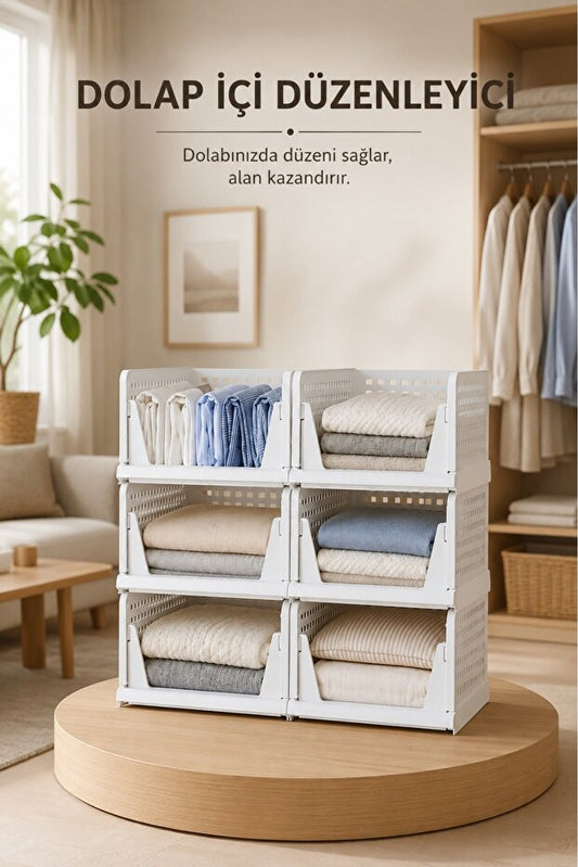 Piev Dolap İçi Kayar Raf Organizer 6’lı Set – İstiflenebilir Kıyafet Düzenleyici, Beyaz