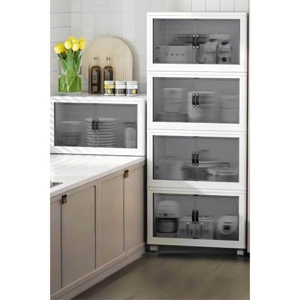 Piev Çok Amaçlı Kapaklı Portatif İstiflenebilir Tekerlekli Organizer Dolap 4 Lü Beyaz P5049