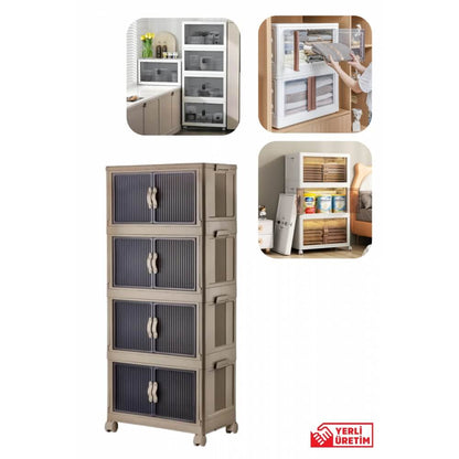 Piev Emayhome Çok Amaçlı Kapaklı Portatif İstiflenebilir Tekerlekli Organizer Dolap 4 Lü Cappuccino P5060