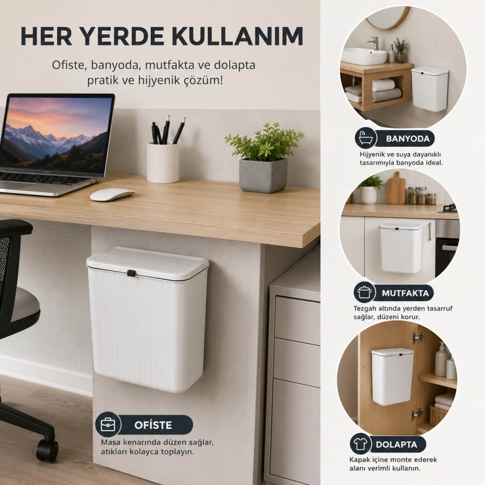 Piev Mutfak Tezgah Üstü Dolap Askılı Kapaklı 15 Lt Çöp Kovası Beyaz P5309