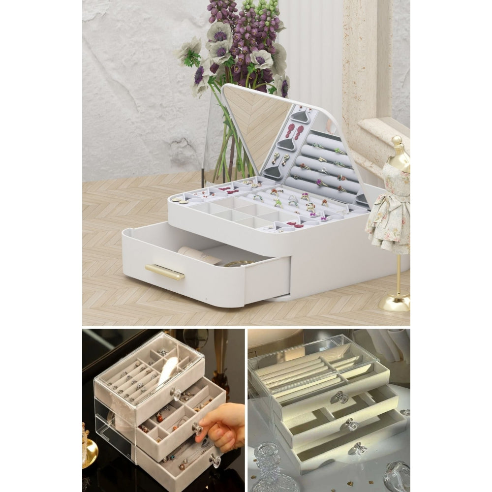 Piev House By House Çekmeceli Aynalı ve Üç Katlı Çekmeceli Takı Kozmetik Organizer İkili Set P5403