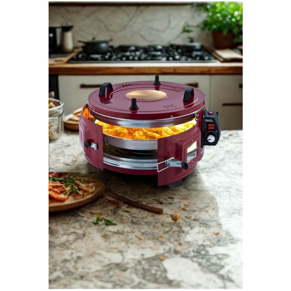 Piev Akel Termostatlı 25 Lt 1100 Wat Standart döner Tepsili Yuvarlak Davul Fırın Kırmızı P5420