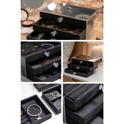 Piev House By House Kadife Kumaş Kaplı Üç Katlı Çekmeceli Takı Kozmetik Organizer Siyah P5449