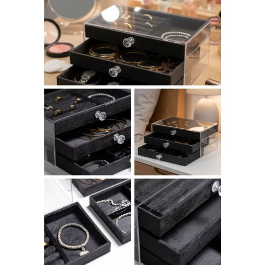 Piev House By House Kadife Kumaş Kaplı Üç Katlı Çekmeceli Takı Kozmetik Organizer Siyah P5449