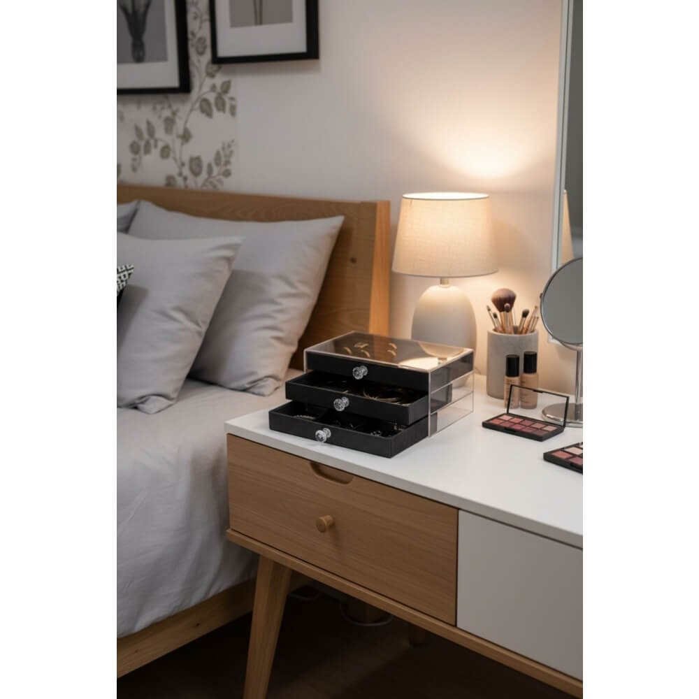 Piev House By House Kadife Kumaş Kaplı Üç Katlı Çekmeceli Takı Kozmetik Organizer Siyah P5449