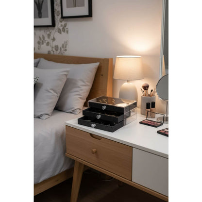 Piev House By House Kadife Kumaş Kaplı Üç Katlı Çekmeceli Takı Kozmetik Organizer Siyah P5449