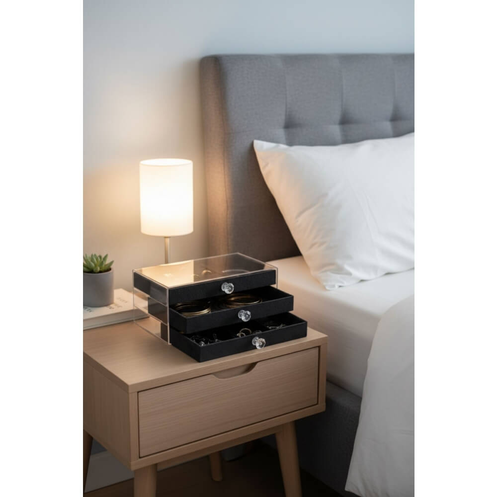 Piev House By House Kadife Kumaş Kaplı Üç Katlı Çekmeceli Takı Kozmetik Organizer Siyah P5449