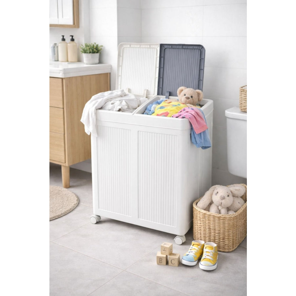 Piev 50+50 Litre Kapaklı Çift Hazneli Tekerlekli Katlanabilir Çamaşır Sepeti P5455