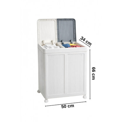 Piev 50+50 Litre Kapaklı Çift Hazneli Tekerlekli Katlanabilir Çamaşır Sepeti P5455