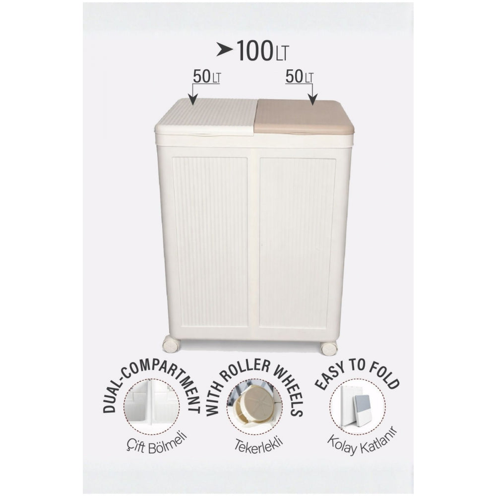 Piev 50+50 Litre Kapaklı Çift Hazneli Tekerlekli Katlanabilir Çamaşır Sepeti P5455