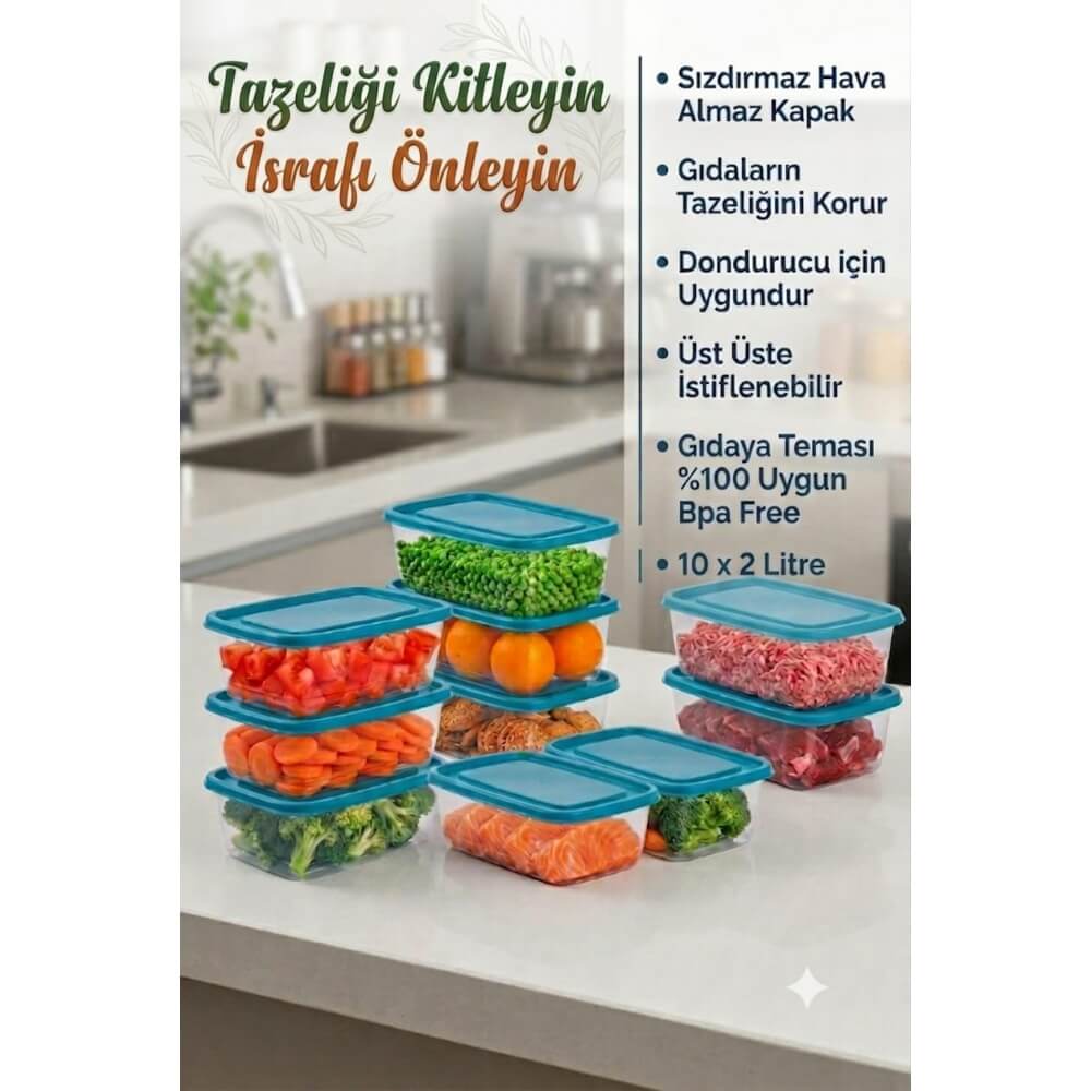 Piev 10 Parça Sızdırmaz Hava Almaz Gıdaya Uygun  Bpa İçermez Dondurucu Buzdolabı Saklama Kabı P5470