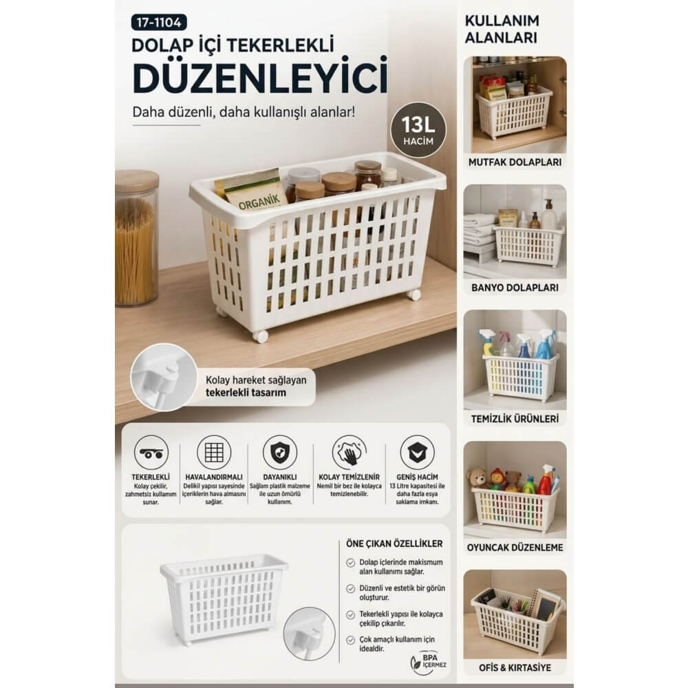 Piev Çok Fonksiyonlu Tekerlekli Dolap İçi Saklama ve Düzenleme Sepeti P5475