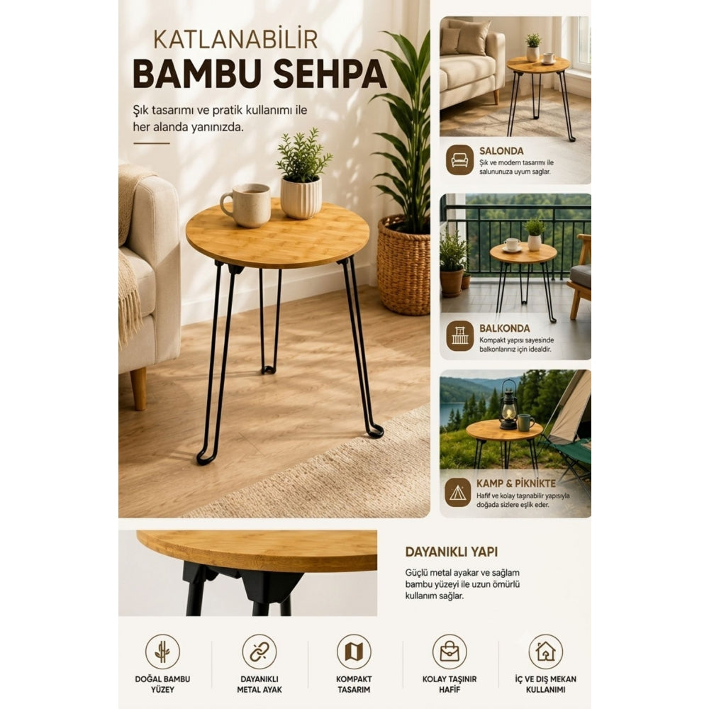 Piev Bambu Tepsi Katlanır Metal Ayaklı Çok Amaçlı Sehpa 44 Cm P5506