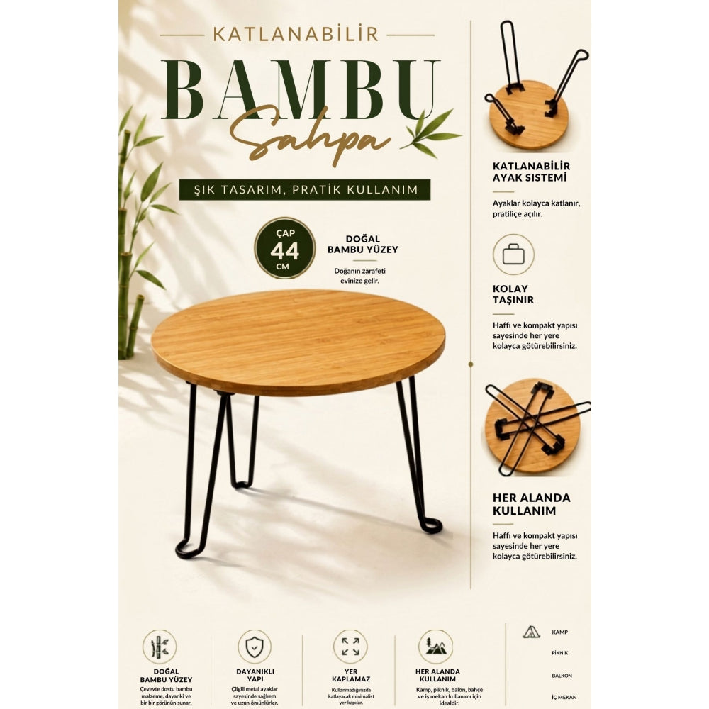 Piev Bambu Tepsi Katlanır Metal Ayaklı Çok Amaçlı Sehpa 44 Cm P5506