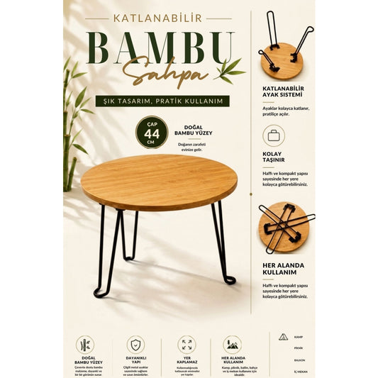 Piev Bambu Tepsi Katlanır Metal Ayaklı Çok Amaçlı Sehpa 44 Cm P5506